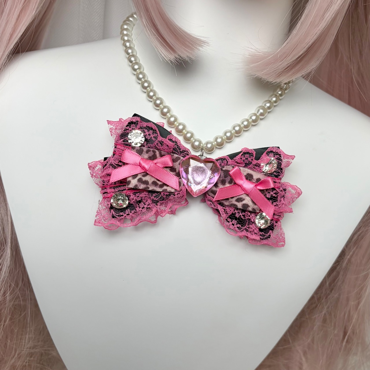 ♡ 姫GAL ヒョウ柄リボン ピンクフリルパールネックレス pink×brown豹柄 ♡