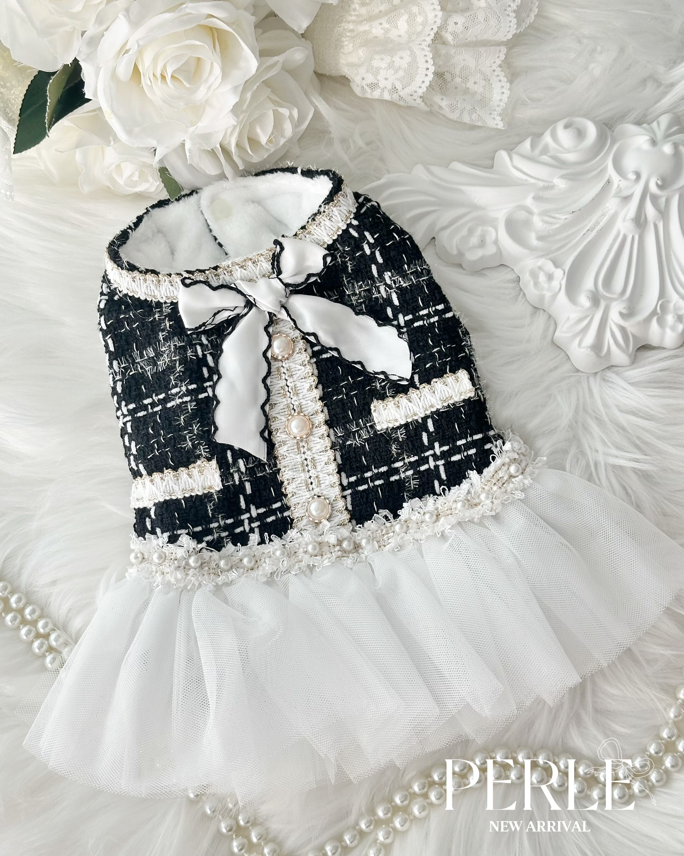 Black far tweed pet dress