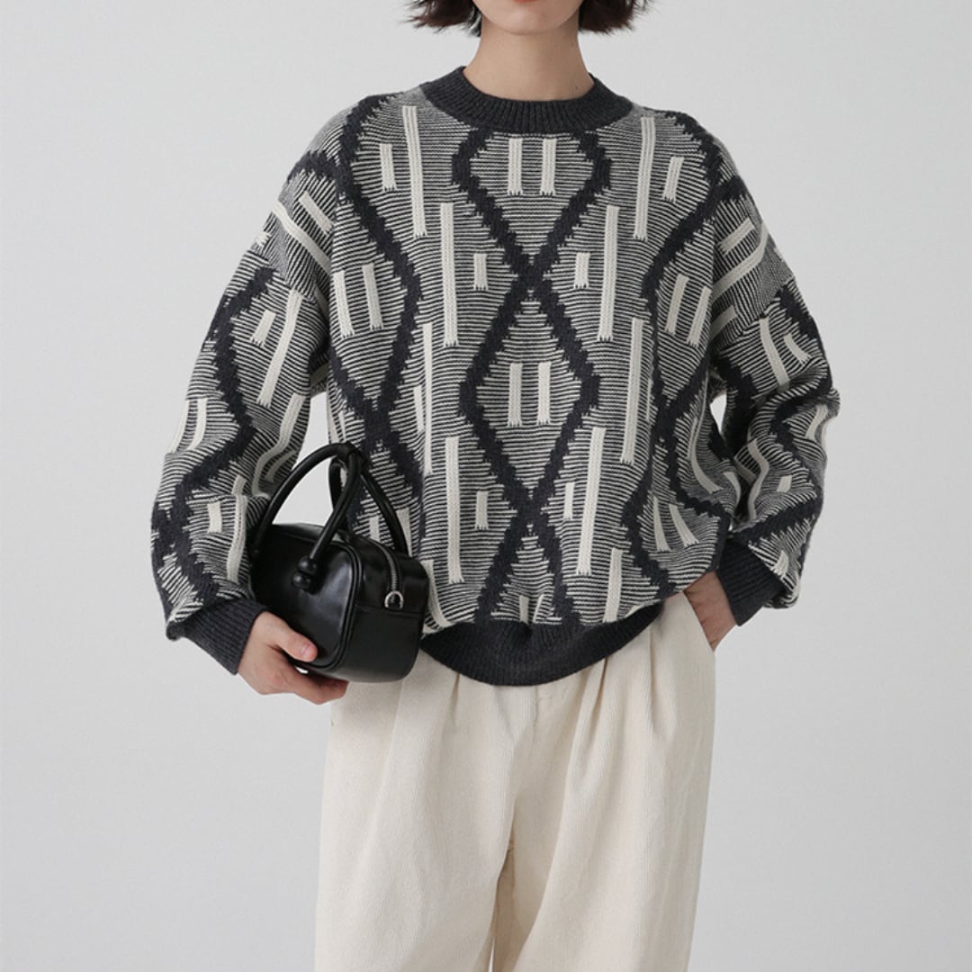 geometric pattern round neck color block sweater