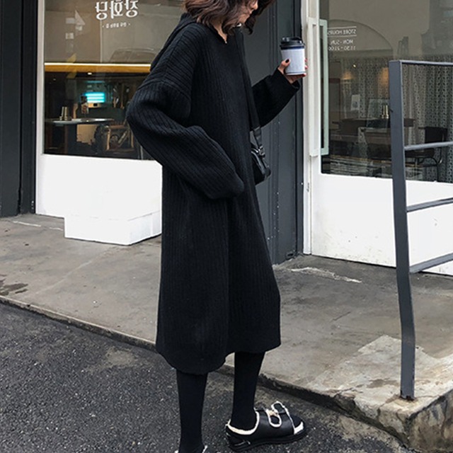 ニットワンピース レディース 送料無料 ロング 長袖 リブニット フード付き 秋冬 123997