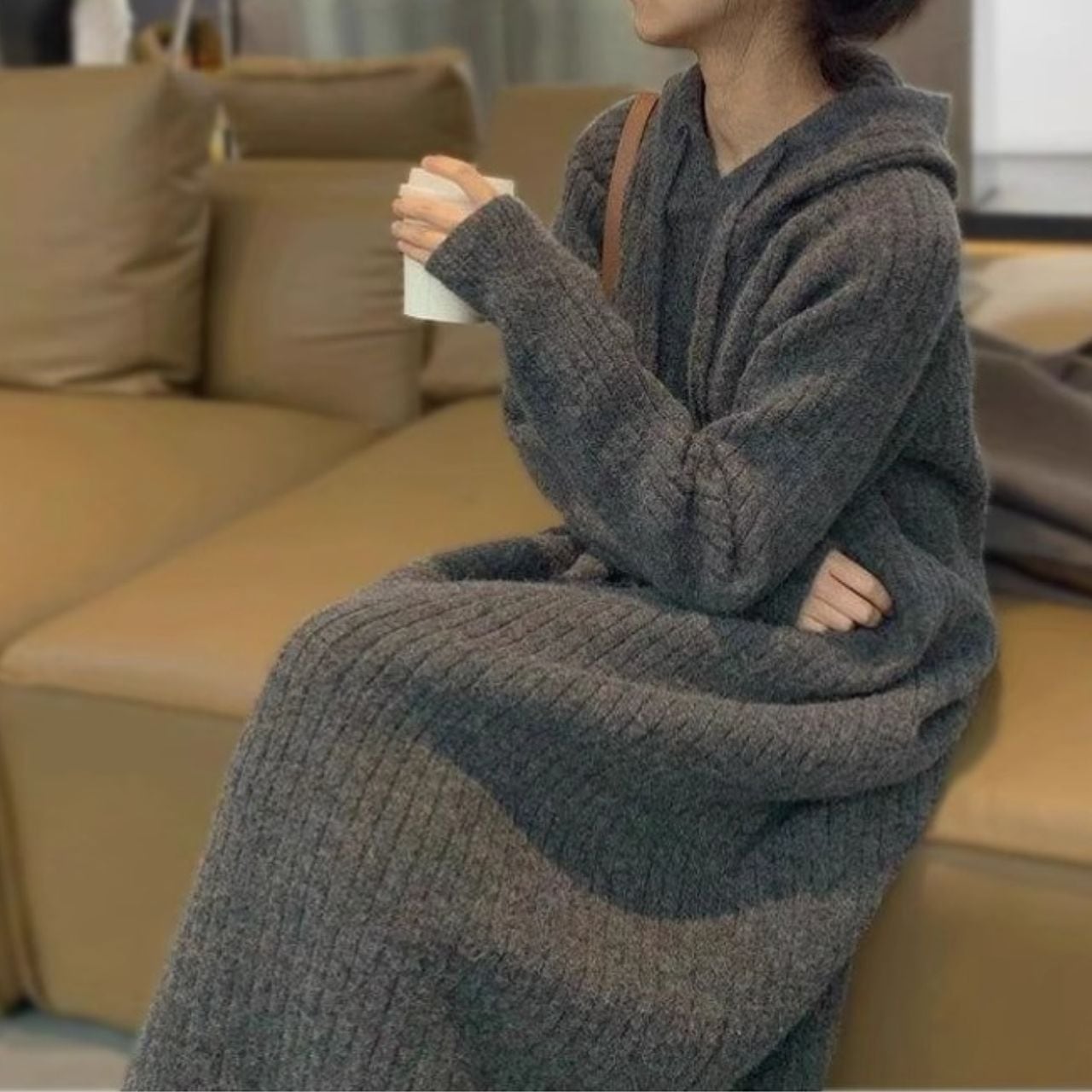 フード付き ニット ゆったりロングワンピ Ln00428