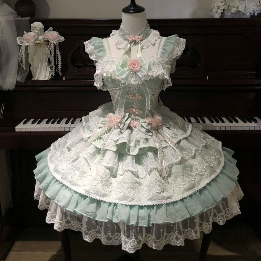 【はるみ】ロリータドレス ミントグリーン プリンセスロリータ ドレス｜豪華フリル＆姫袖ドレス（ピンク