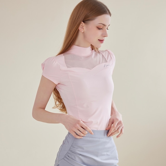 Heart Neck See-through Half Sleeve T-shirts(Pink)