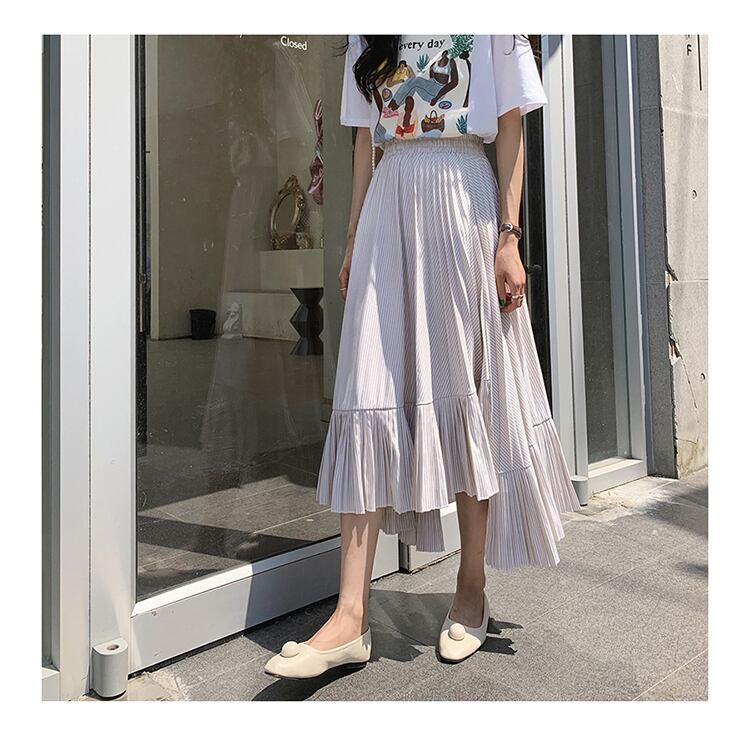 Z-20030 スカート ロングスカート ミモレ丈 裾プリーツ アシンメトリー