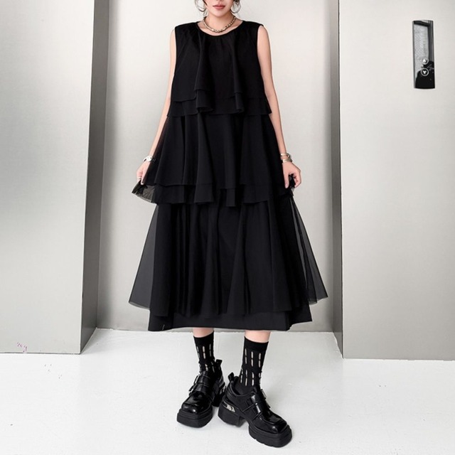 LAYERED SLEEVELESS MESH RELAXED MIDI DRESS M-17754