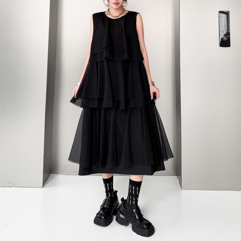 LAYERED SLEEVELESS MESH RELAXED MIDI DRESS M-17754