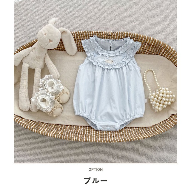 【BABY】うさぎ刺繍フリルノースリーブロンパース - 2