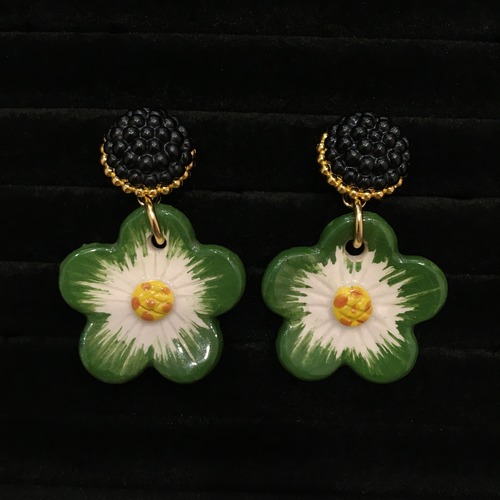 Black berry & green flower drop earrings