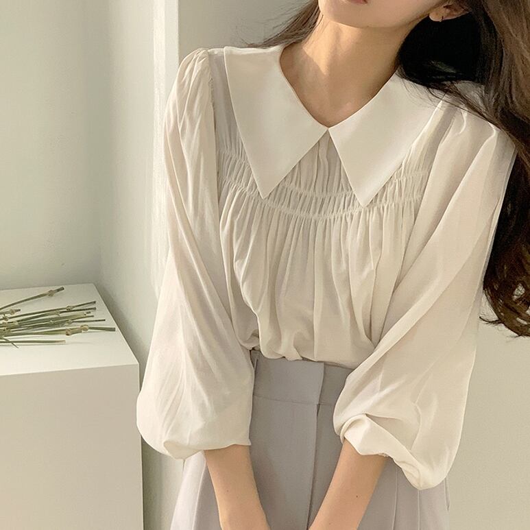 トップス レディース ブラウス シャツ S M L XL ロング丈 長袖 タック ドールカラー ボリューム袖 ふんわり袖 襟付き プルオーバー ギャザー フリル カジュアル かわいい 大人可愛い きれいめ シンプル 上品 おしゃれ お洒落 綺麗 セクシー こなれ感 ガーリー 抜け感 とろみ感 ピンベージュク ホワイト 白 通勤 学生 デート お出かけ 女子会 休日 公園 春 夏 秋 10代 20代 30代 40代 韓国 韓国系 普段使い 定番 体型カバー ママ ファッション 送料無料