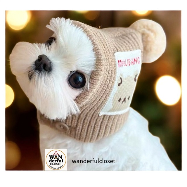 【犬服アクセサリー】赤白シマシマ＆ベージュくま帽子｜小型犬・中型犬用 1112