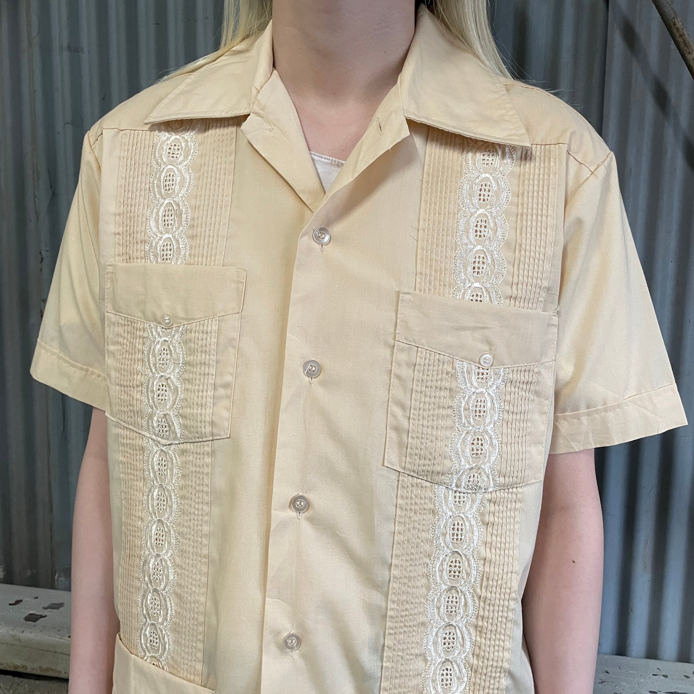 60年代 Guayabera 半袖 刺繍 プリーツ キューバシャツ メンズS 古着 