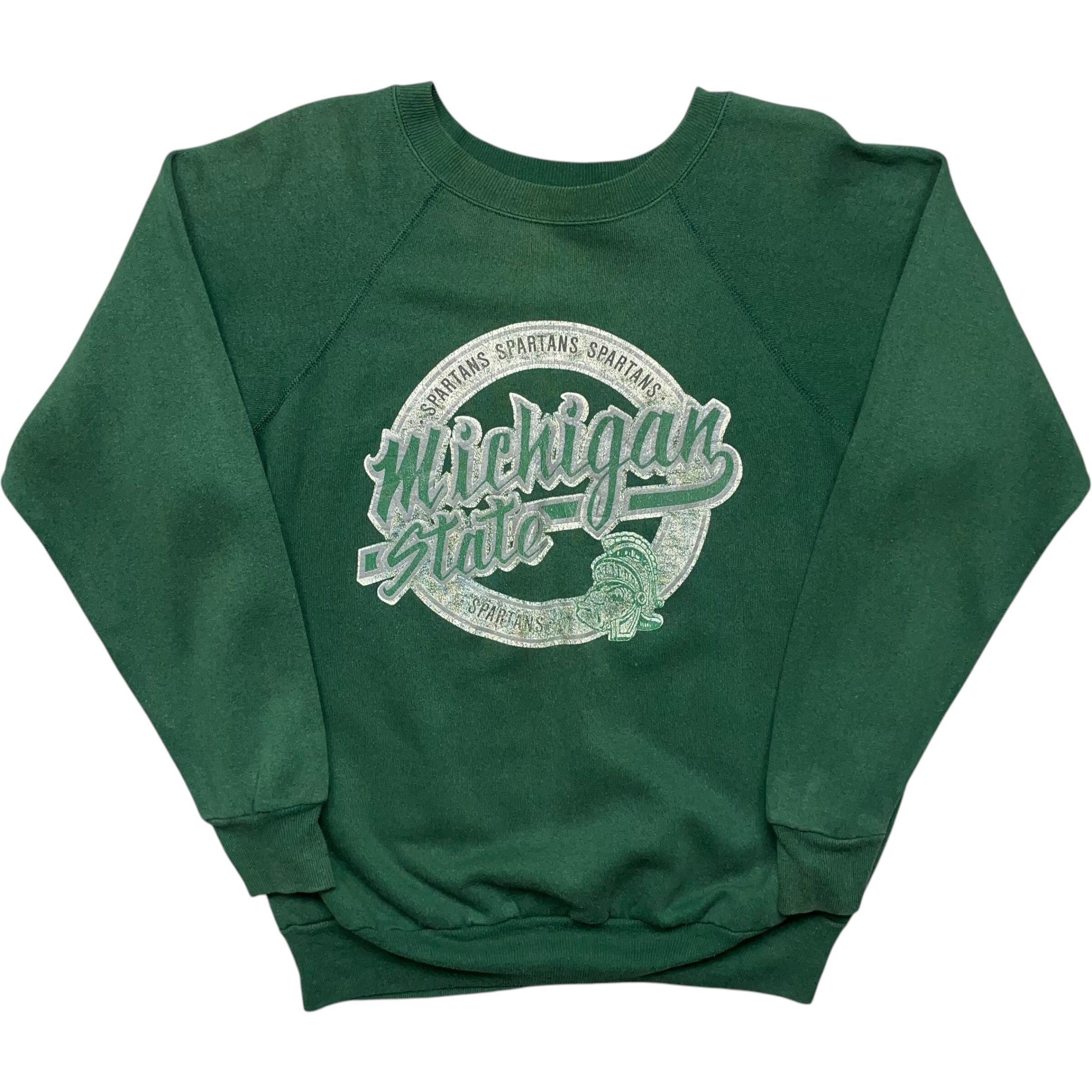 《L》champion チャンピオン スウェット ラグランスリーブ スパルタンズ プリント グリーン USA製 80年代 vintage no.6304