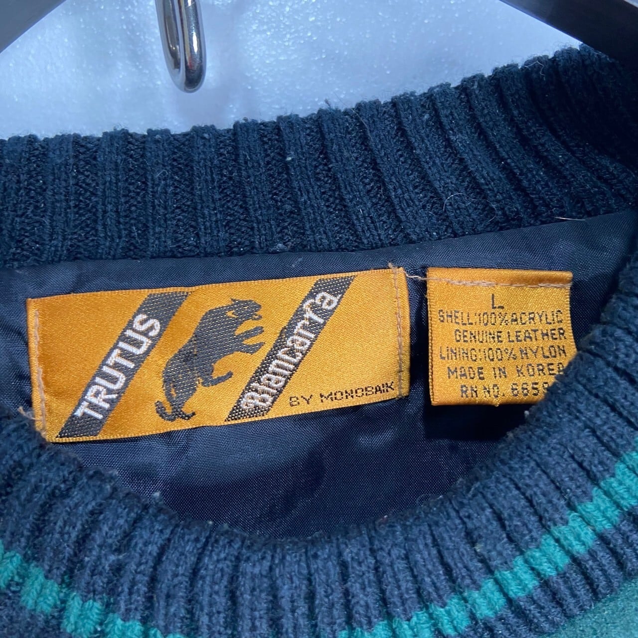 80s TRUTUS Biancara レザー切り替え　ニット　古着 90s TRUTUSBiancarra レザー切り替え3Dニット クージータイプ | 古着屋 Uan