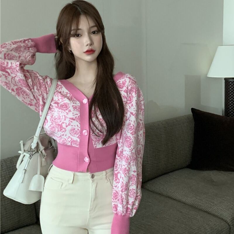 スタンダードカラーVネックウェストショートスリーブセーター スプリング ランタンスリーブ レトロ 春物 YY-ファッション57370191820