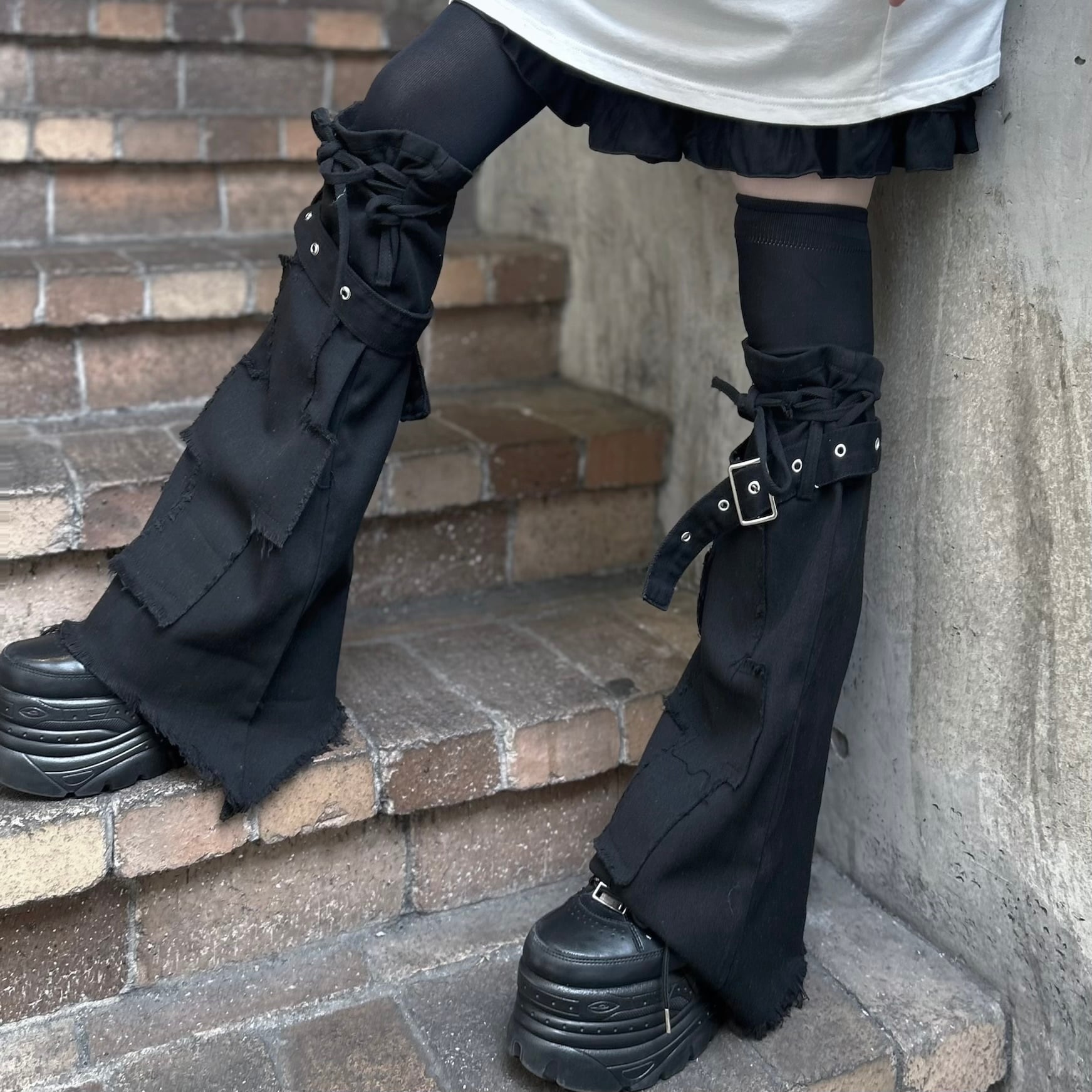 クロスダメージレッグウォーマー ベルト付き  レッグカバー 地雷 サブカル y2k