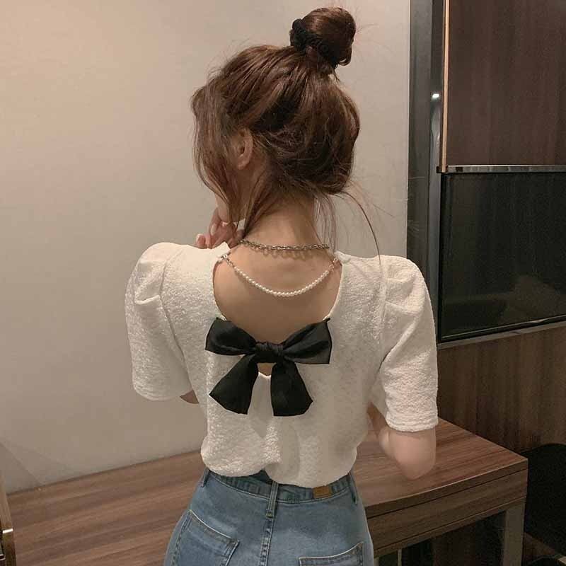 サマーチェーン ラウンドネックスリムホルターリボンTシャツ トップス 夏物 Oネック ハンチェンe83630089888