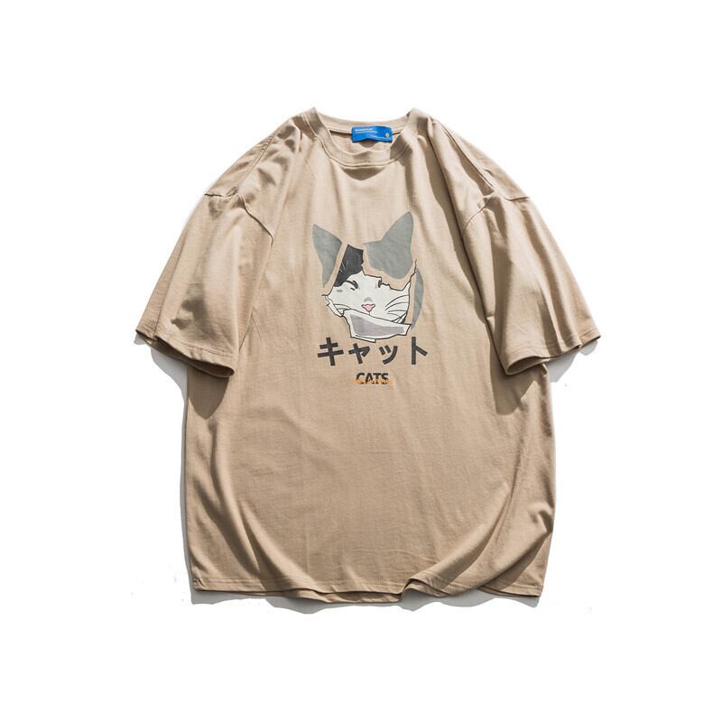 【新作】【送料無料】 Yidaoヴィンテージサマーニュークリエイティブキャットヘッドプリントメンズ＆ウィメンズシンラウンドネックコットンルーズカジュアル半袖Tシャツイン-アリババ 夏物 Oネック ビンテージ hip6-161114185522218