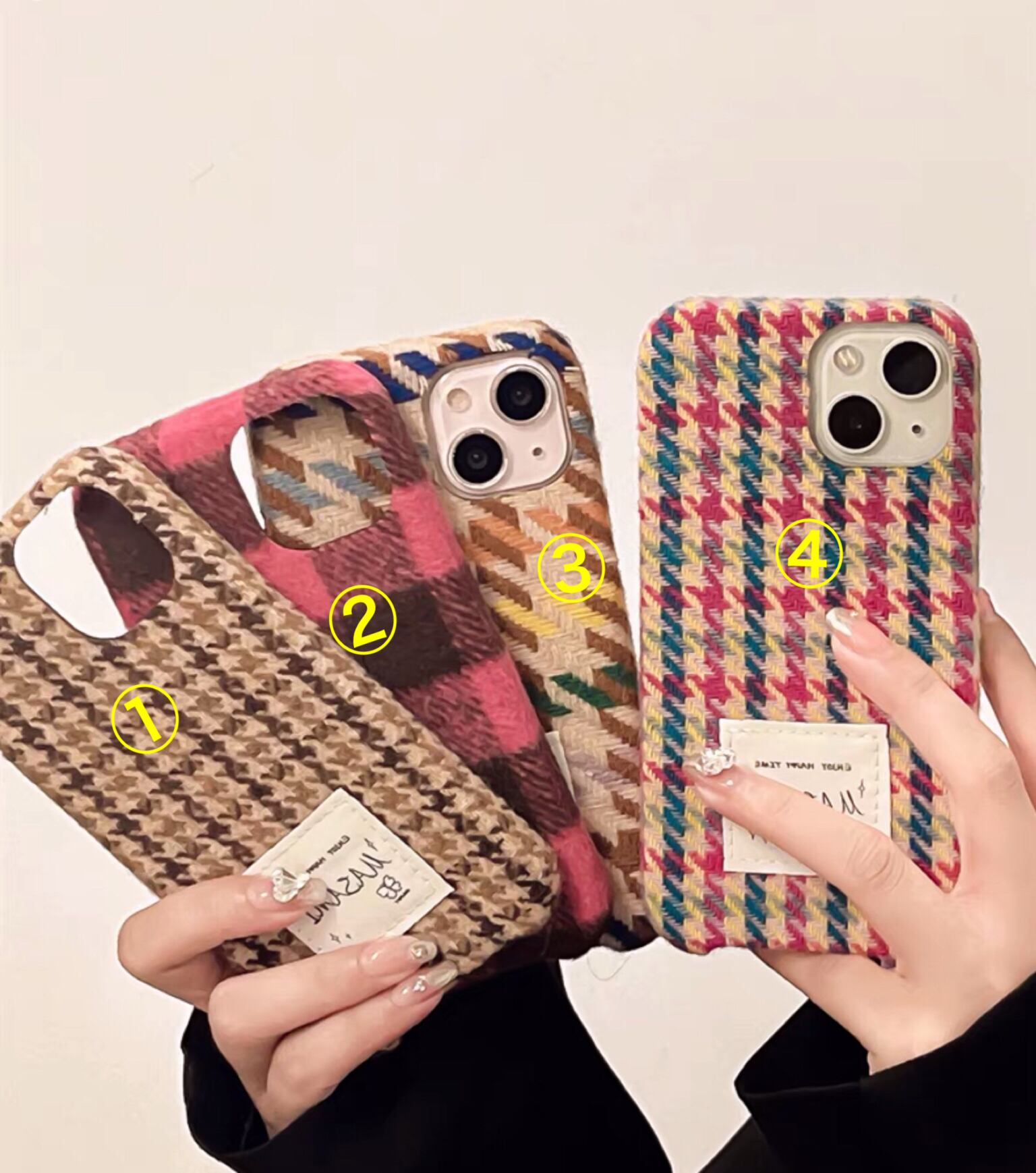 iPhoneケース iPhone15 iPhone14 ツイード チェック もこもこ 秋冬