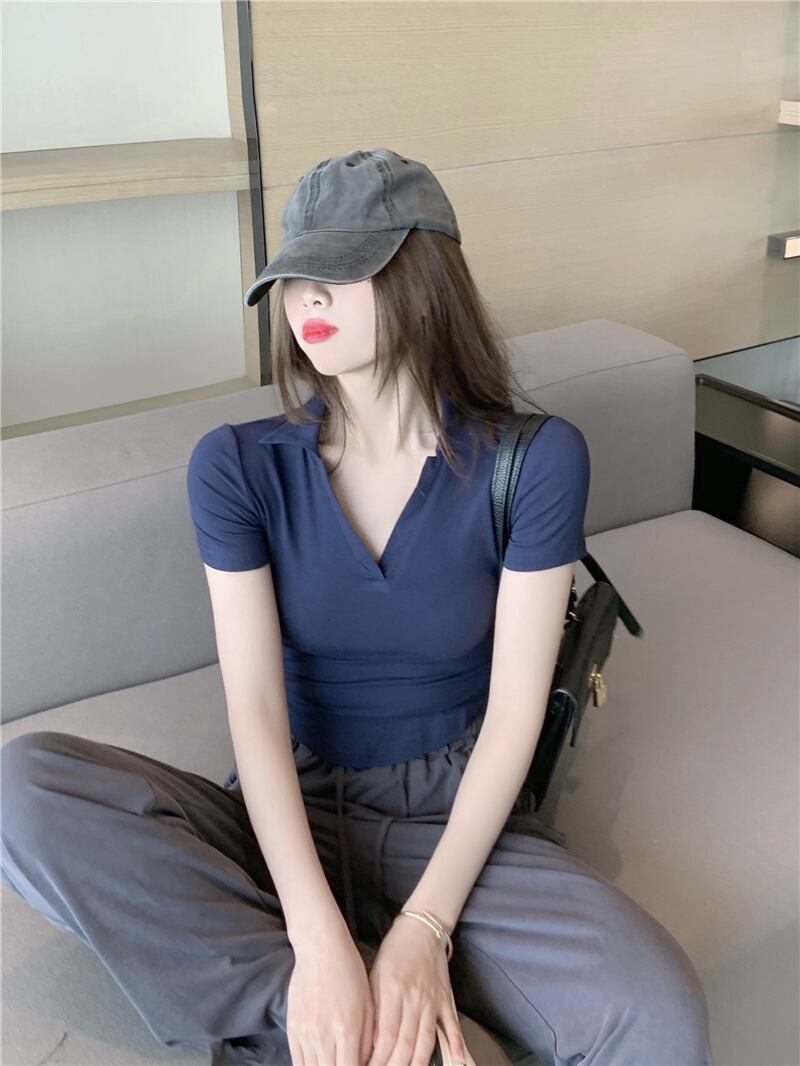 スタンダードカラーショートトップス レディースサマースリム薄手半袖スリーブTシャツ レトロ ハーフスリーブ 夏物 ピュア ガールズファッション64411609248