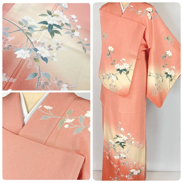 作家物 手描き友禅 美品 訪問着 花柄 正絹 オレンジ コーラルピンク 