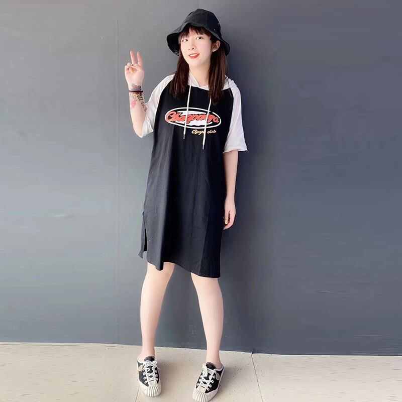 カラースカート サマーフードセーター ドレス 大きめサイズ 夏物 ステッチ ミックスインファッション92089642405