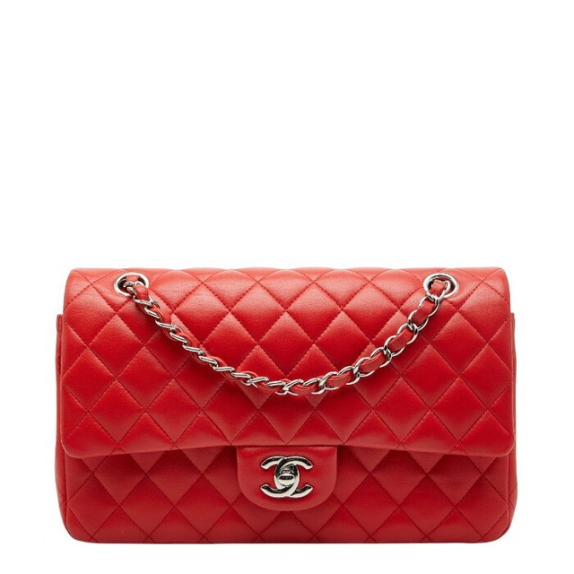 シャネル マトラッセ25 ココマーク ダブルフラップ チェーン ショルダーバッグ レッド ラムスキン レディース CHANEL 【中古】