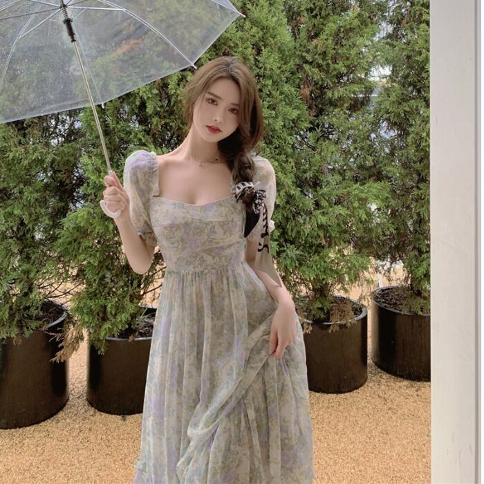 スタイルシフォンドレス サマースリムスタンダードフローラルロングスカート レトロ レース 夏物 花柄 スクウェア ドラファッションホール65413197261