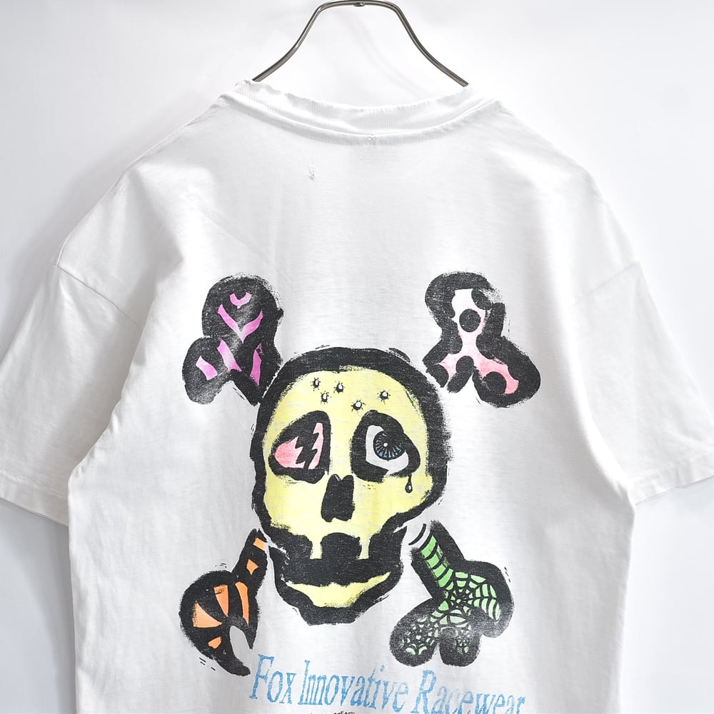 BORO 90s USA製 FOX フォックス クルーネック 半袖 Tシャツ ヘインズボディ スカル ボーン カミュ引用句 グランジ アート ダメージ 白 ホワイト USED ヴィンテージ ビンテージ 古着 メンズ M