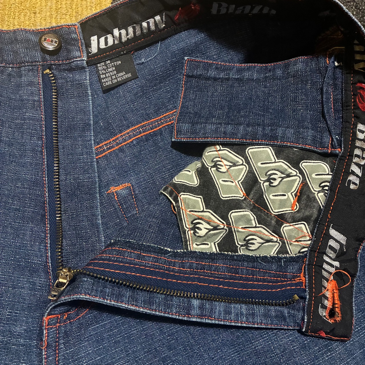 Johnny Blaze ヒップホップデニムカーゴパンツ　W36 ヒップ刺繍　メタルパッチ　ブルー