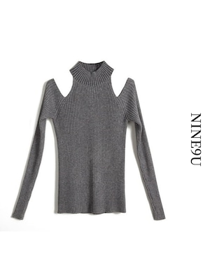shoulder-cut halter-neck simple rib-knit 5color【NINE8335】