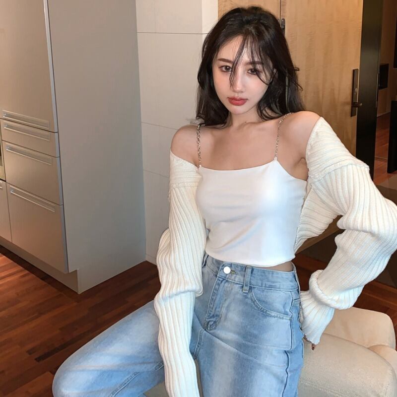 スリムチェーン ブラックホワイトニットウールブラウス カーディガンジャケット ロング YY-ファッション49622952645