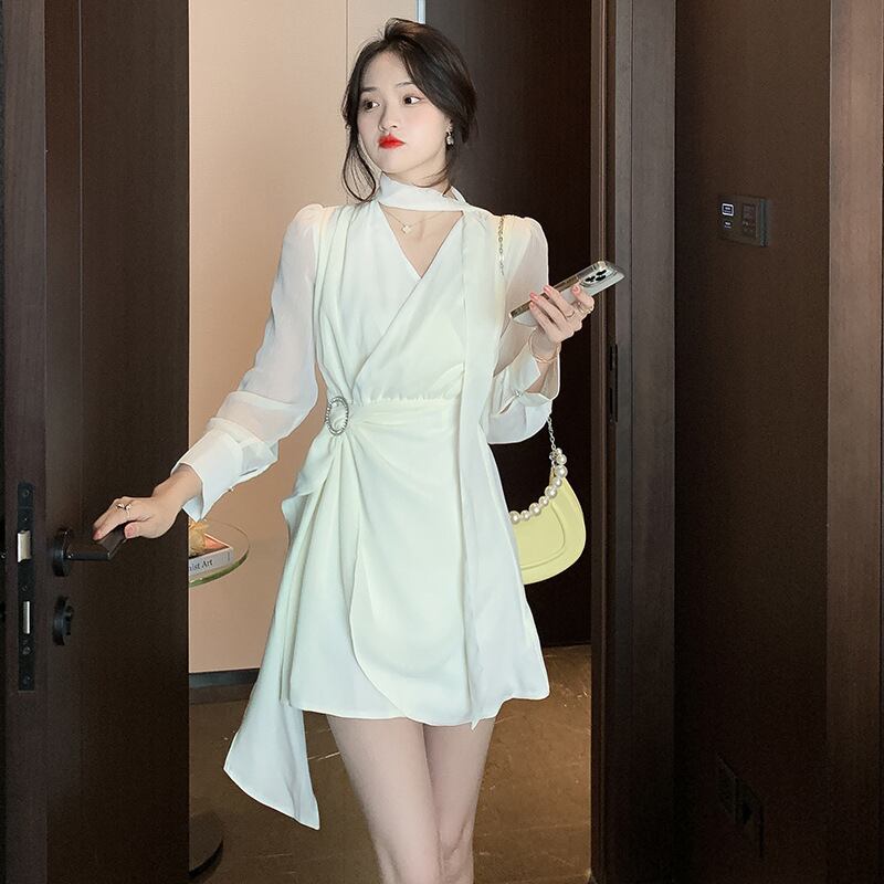 ミニドレス 秋新作 非対称 エレガント 袖付き 気質 同伴 XH2-ZED886017GDB401