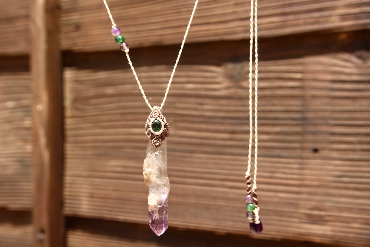 Amethyst point & Chrome Tourmaline  micro macrame pendant