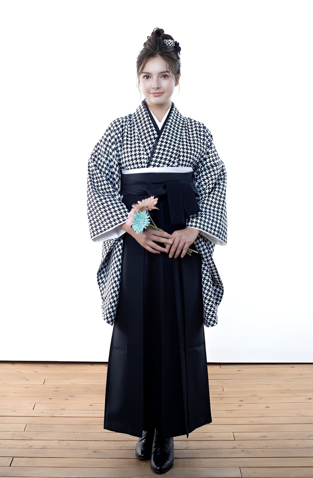 Kimono Sienne 卒業式袴3点セット 千鳥格子 黒 モノトーン 袴 二尺袖着物 袴 卒業式 | Kimono Sienne