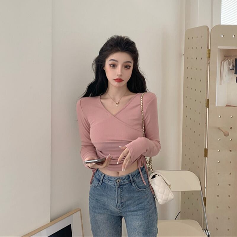 VネッククロスタイホワイトTシャツレディース秋タイトフィット長袖ボトミングシャツ2020新しいインナートップ ブラックストロベリース67418345969