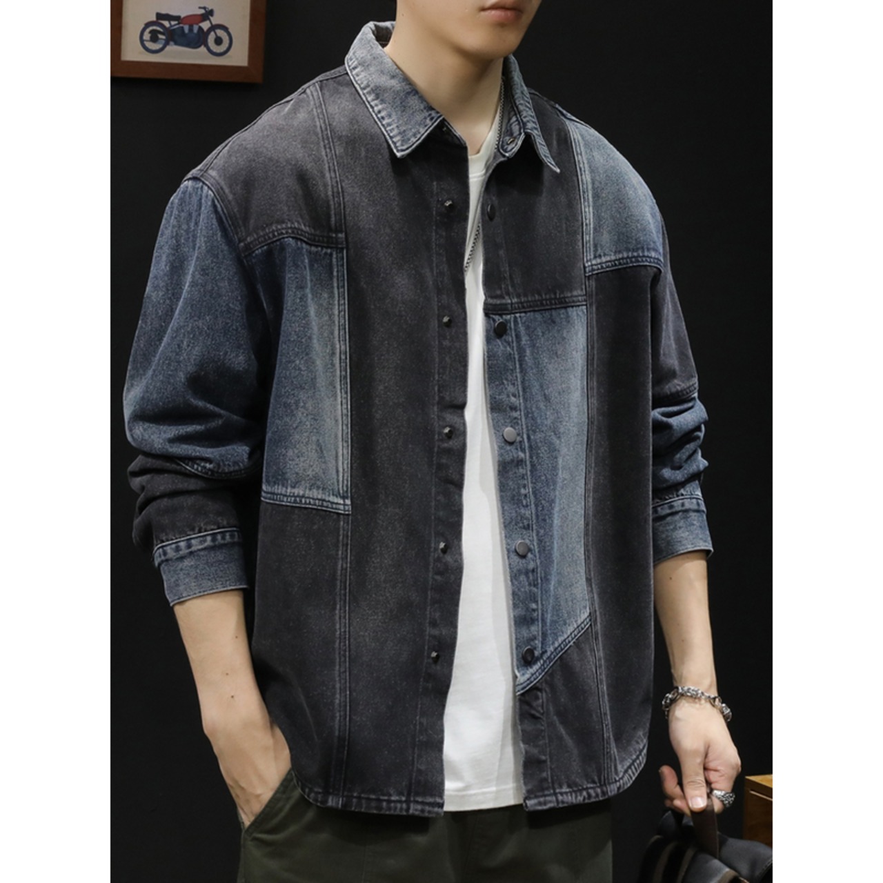 Patchwork Design Long Sleeve Regular Color Denim Shirt H0472