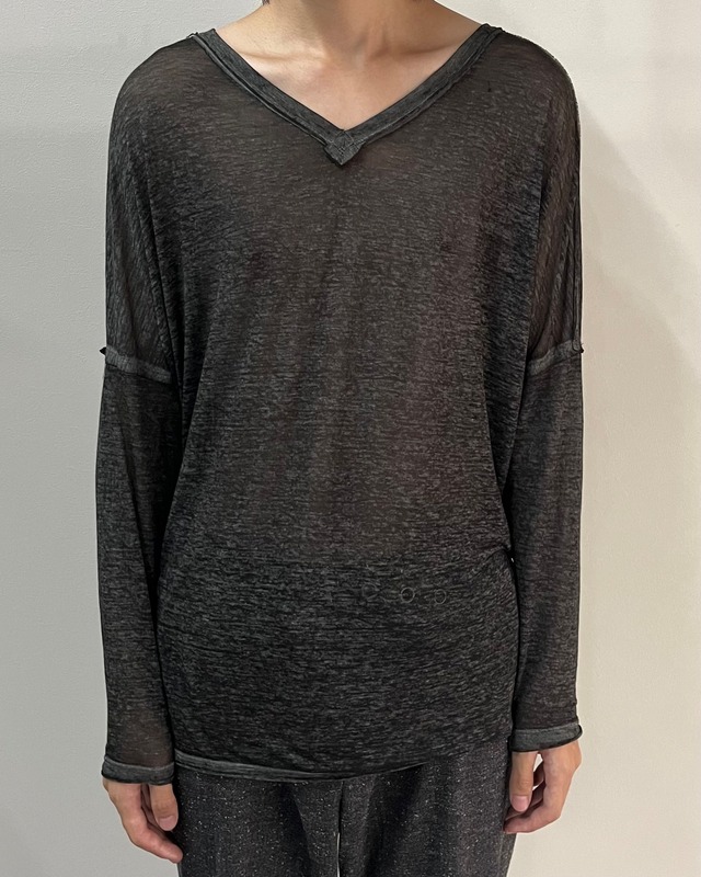 washed V-neck deformed sheer top