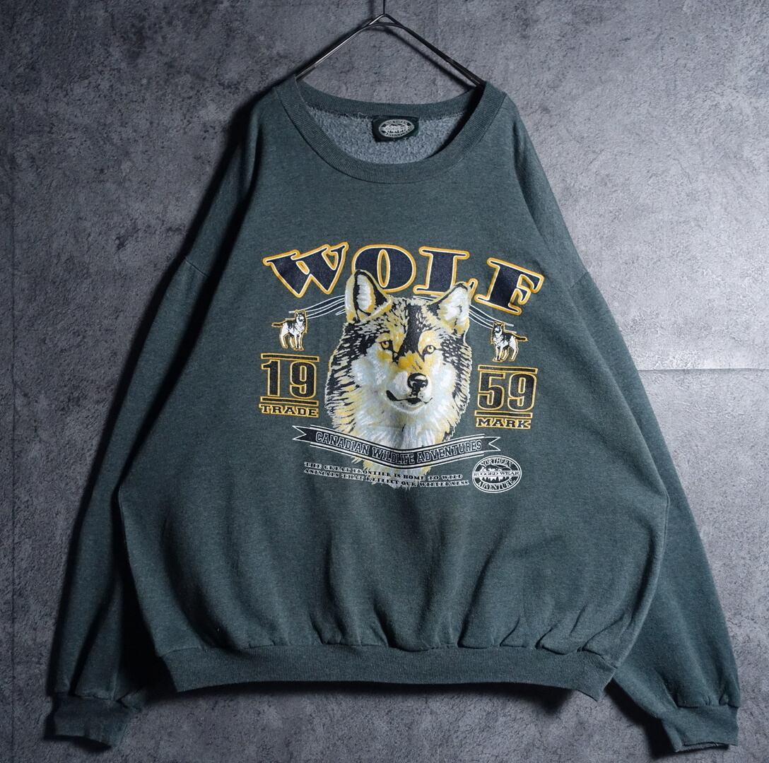 Green Wolf Motif Print Design Sweat
