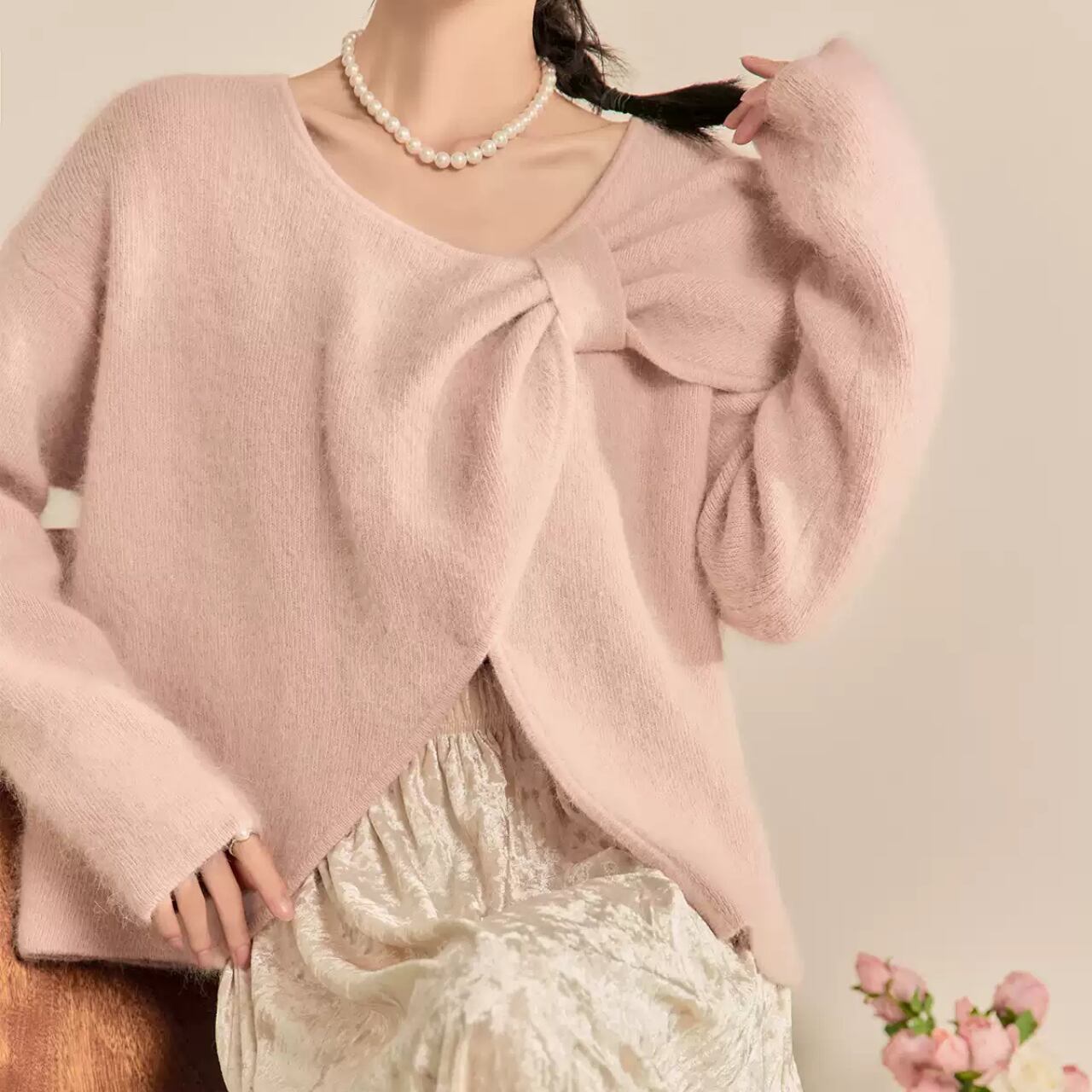 ピンク リボンモチーフ ニット