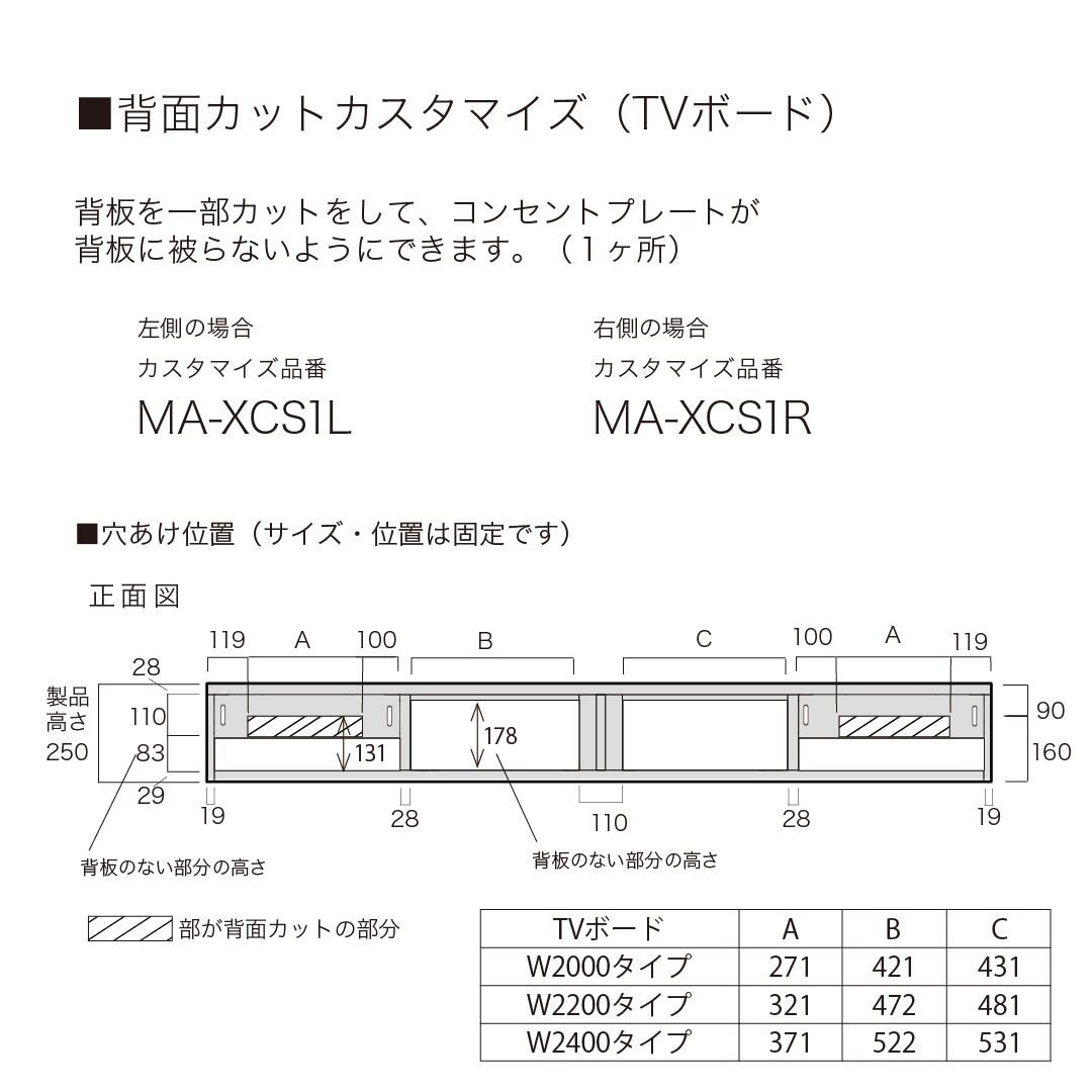 背面カットカスタマイズ MA-XCS1R TVボード用 正面向かって右に 背面カットカスタマイズ MA-XCS1R TVボード用 正面向かって右に
