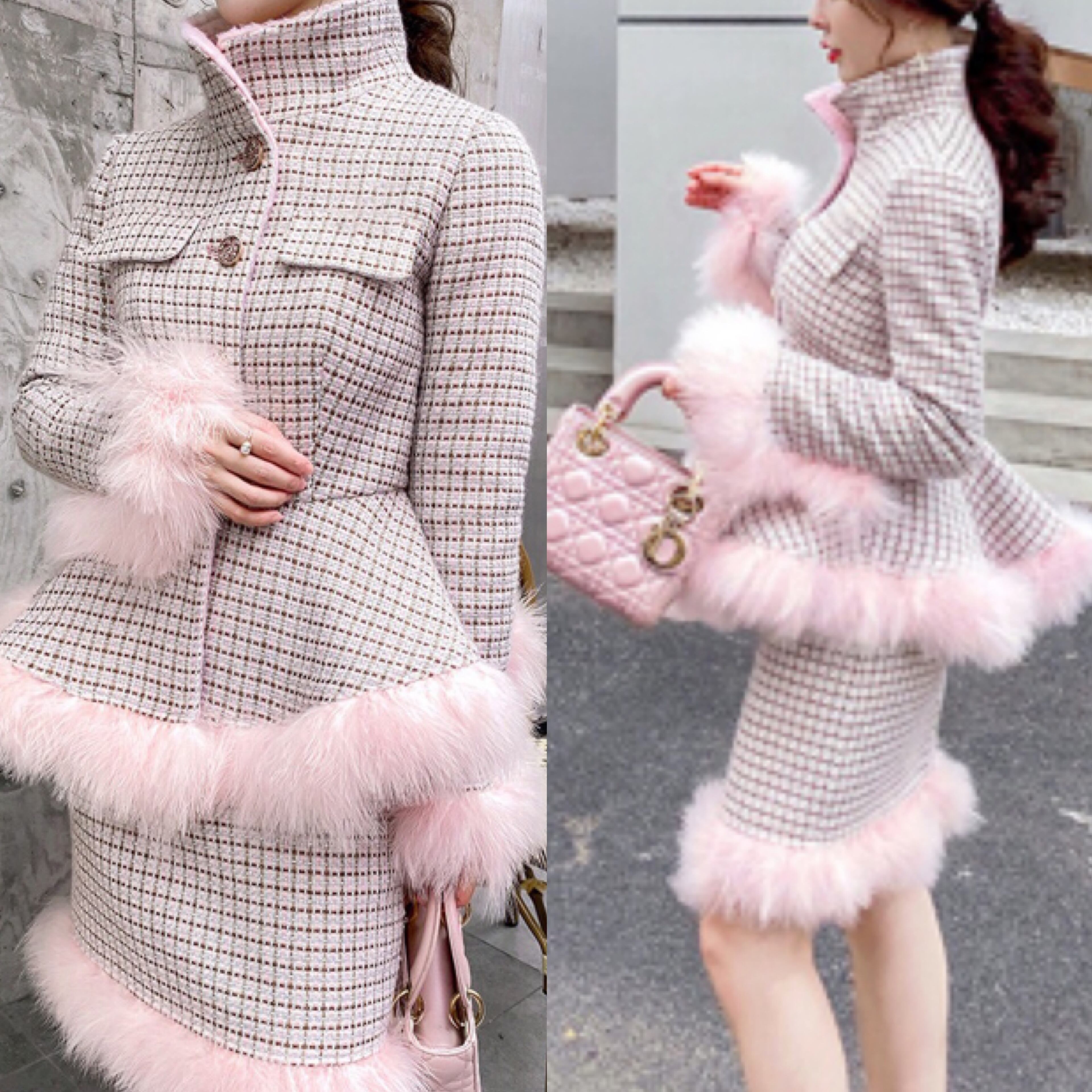 セットアップ】スーツ ピンク ツイード ジャケット ファー チェック  