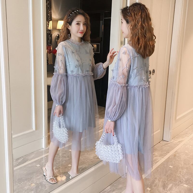 【新作】【送料無料】 マタニティ刺繡服長袖メッシュパッチワークレーススウィートドレス妊婦スウィートドレス2037-C-6810＃42 ロング レッド 刺繍 大人ガーリー キュート カジュアル AL expec3658109932