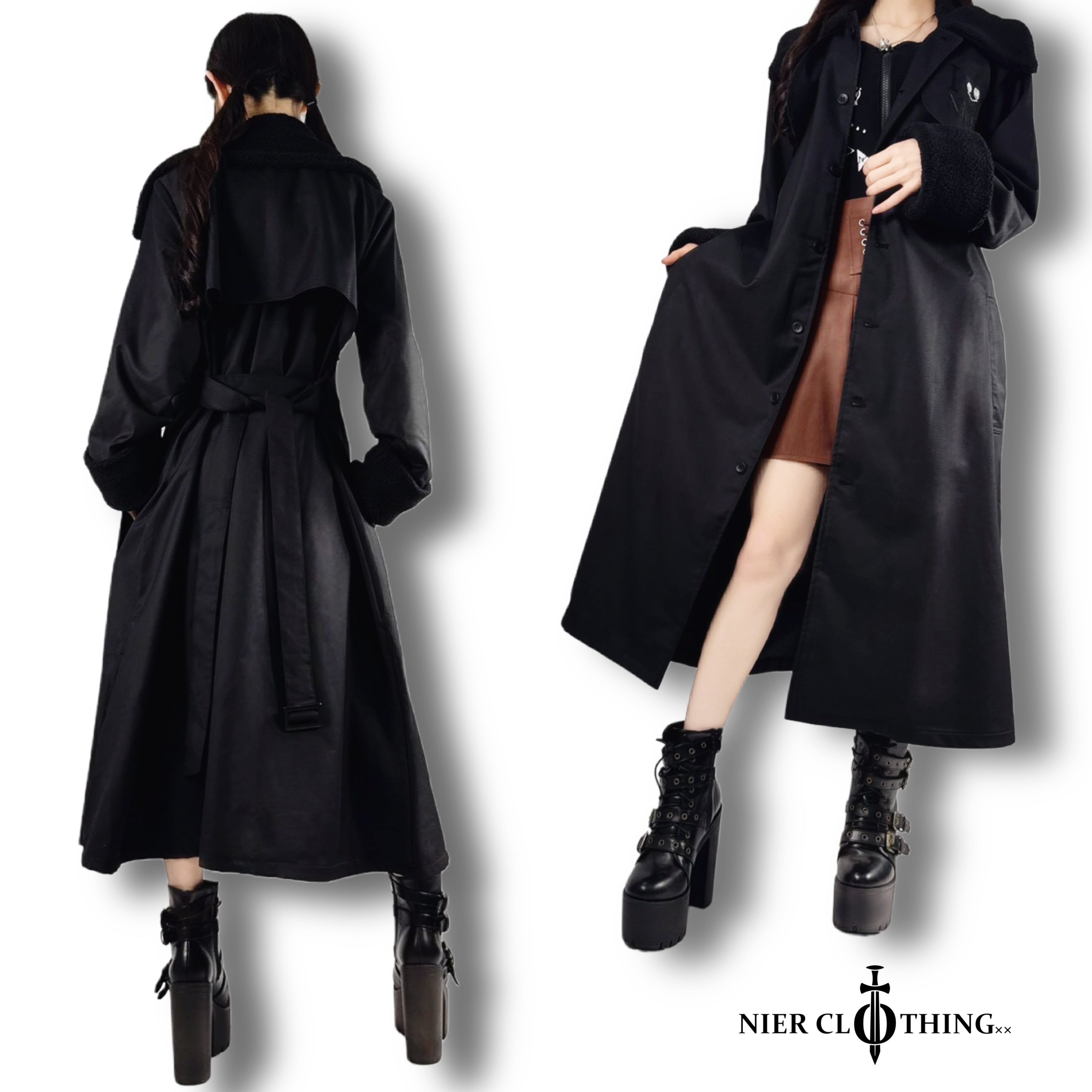 新春応援60%OFF》ボア襟付き春用BLACK LONG COAT【NIER刺繍入り