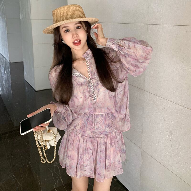 プリントシフォントップス ハイウェストウェスト薄手プリーツスカート サマー ストリート 大人ガーリー スウィート キュート カジュアル 夏物 ガールズファッション14030525614