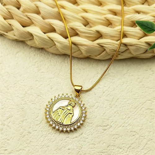ペンダント ネックレス  ラインストーン ステンレス ゴールド チェーン ラウンド レディース スチール バージン メアリー ステートメント