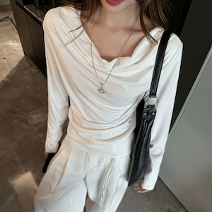ドレープ Tシャツ 長袖 レディース 春秋 トップス 韓国 大人 カジュアル きれいめ ストリート おしゃれ ドレープネック 無地 カットソー 大人可愛い 大人女子