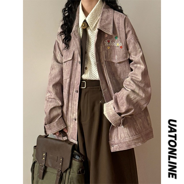 ♥ヴィンテージ加工に、上品な刺繍が光る！【UATONLINEシリーズ】★ジャケット★ ユニセックス アウター 刺繍 レトロ色 デニムジャケット