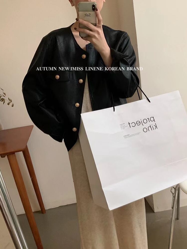 レザージャケット オータムウィンタースタンダードスタイルラウンドネックルーズ薄手 ロング レトロ 秋物 冬物 Oネック ビッグFスモールZ韓国60800455861