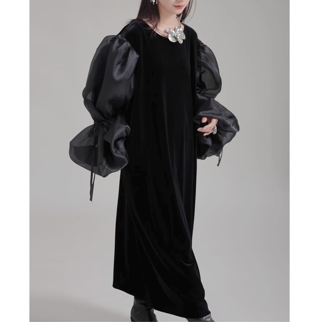 Organ balloon sleeve long maxi dress C0936