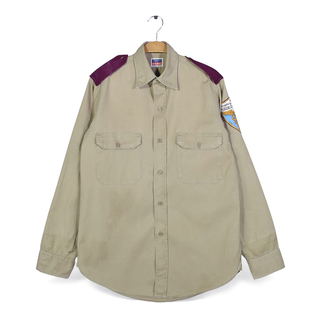 50s ペニーズ ビッグマック 米軍医療救助隊 ヴィンテージ ワークシャツ ワッペン エポレット マチ付き MEDICAL CADET CORPS PENNEYS BIG MAC サイズL相当 古着 CA1506